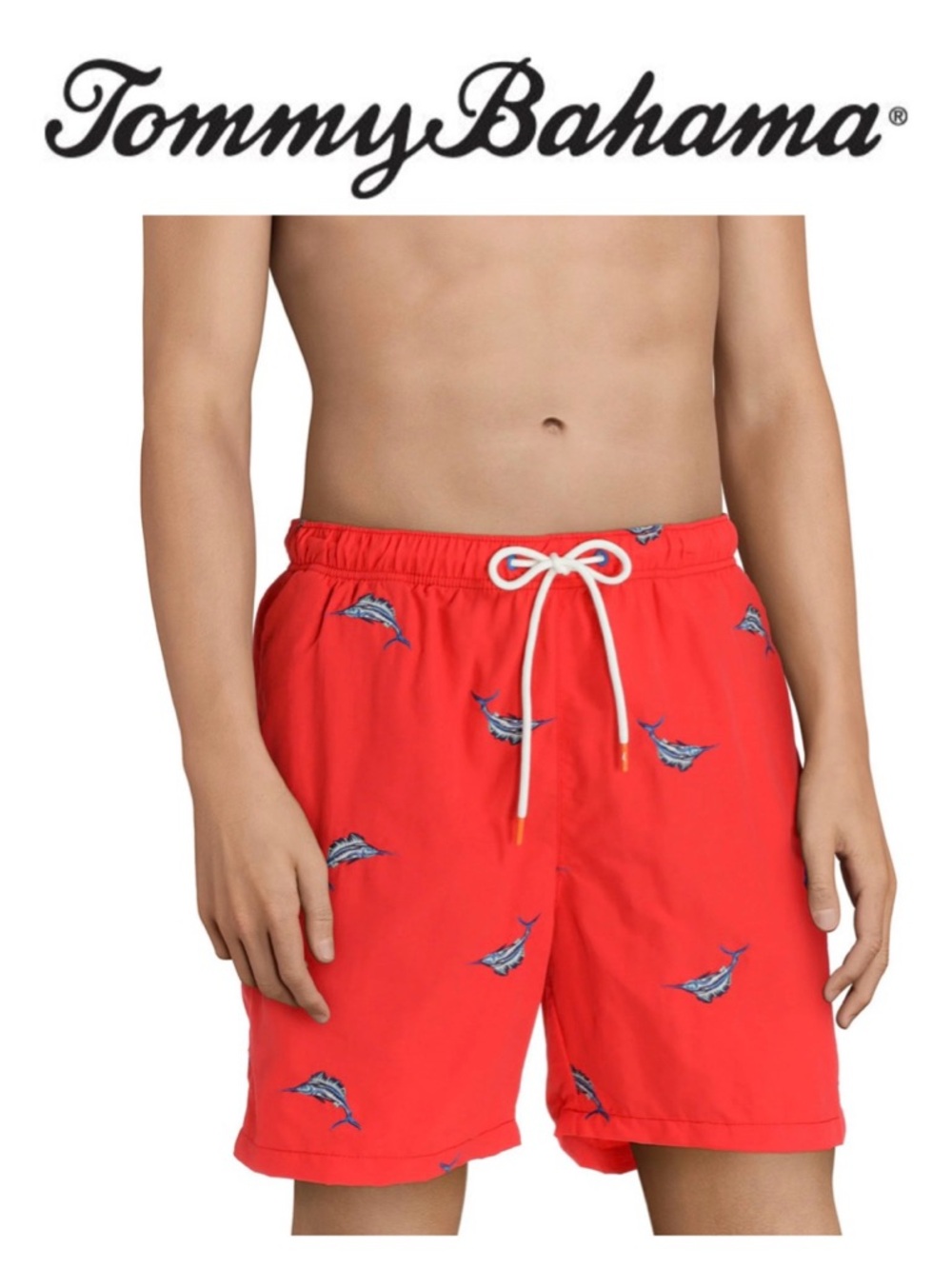TOMMY BAHAMA Naples Coast Marlin Swim Shorts Trunks Red Surf Beach Athleisure M